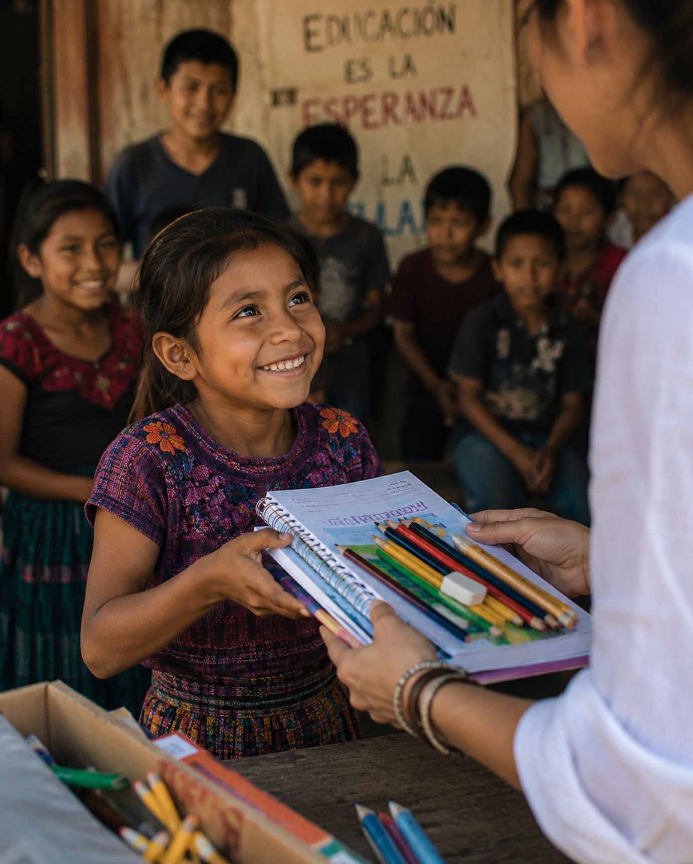 A girl receiving school supplies